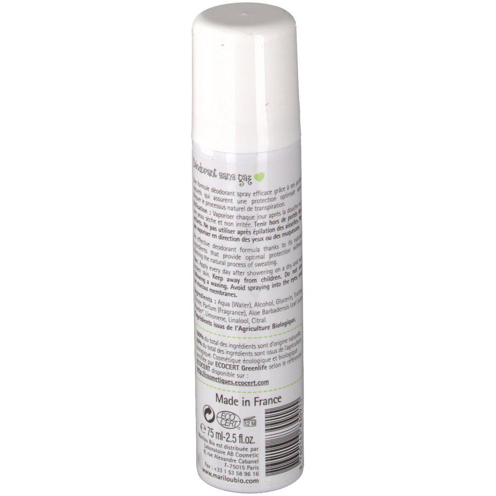 Spray déodorant blanc au thé vert. Dos avec texte. Marque Marilou Bio. Avec bouchon. Fabriqué en France.