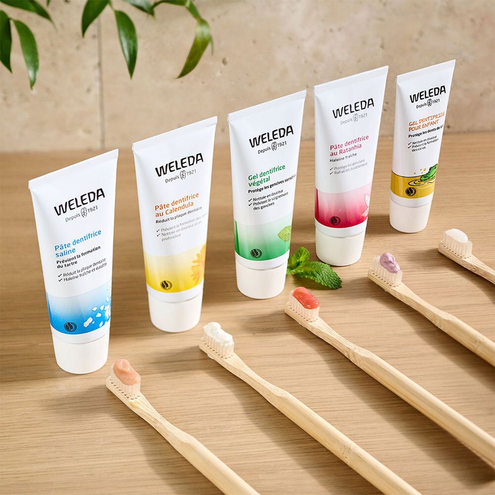Divers tubes de dentifrice et brosses à dents. Marque WELEDA, différents parfums.
