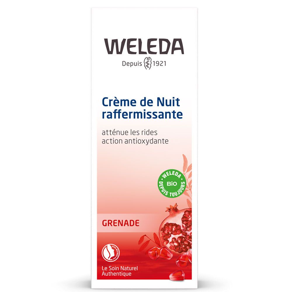 Emballage crème de nuit Weleda Bio. Boîte blanche avec nom du produit, grenade et label bio.
