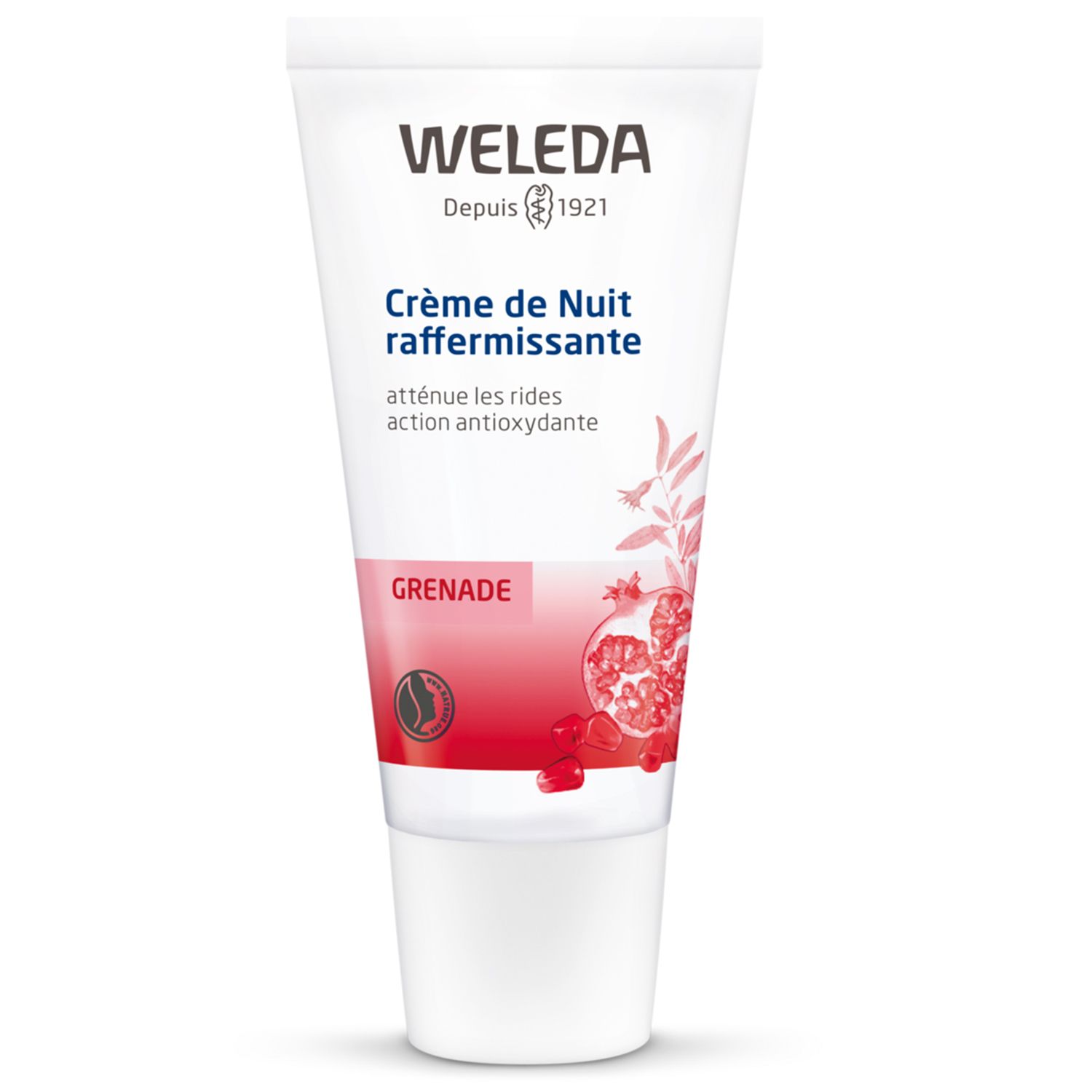 Tube crème de nuit Weleda. Tube blanc avec nom du produit, grenade et inscription 'Grenade'.