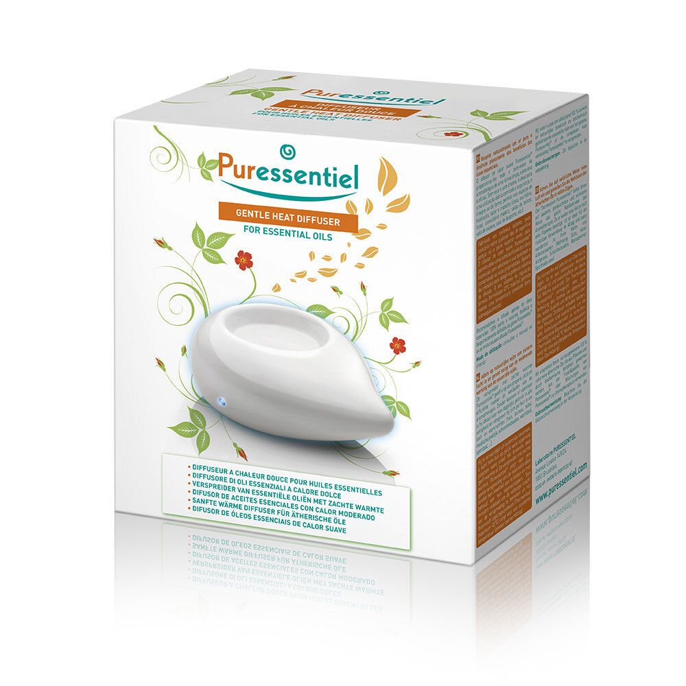 Diffuseur à chaleur douce pour huiles essentielles blanc, emballage. Marque Puressentiel. Inscription : Gentle Heat Diffuser for Essential Oils.