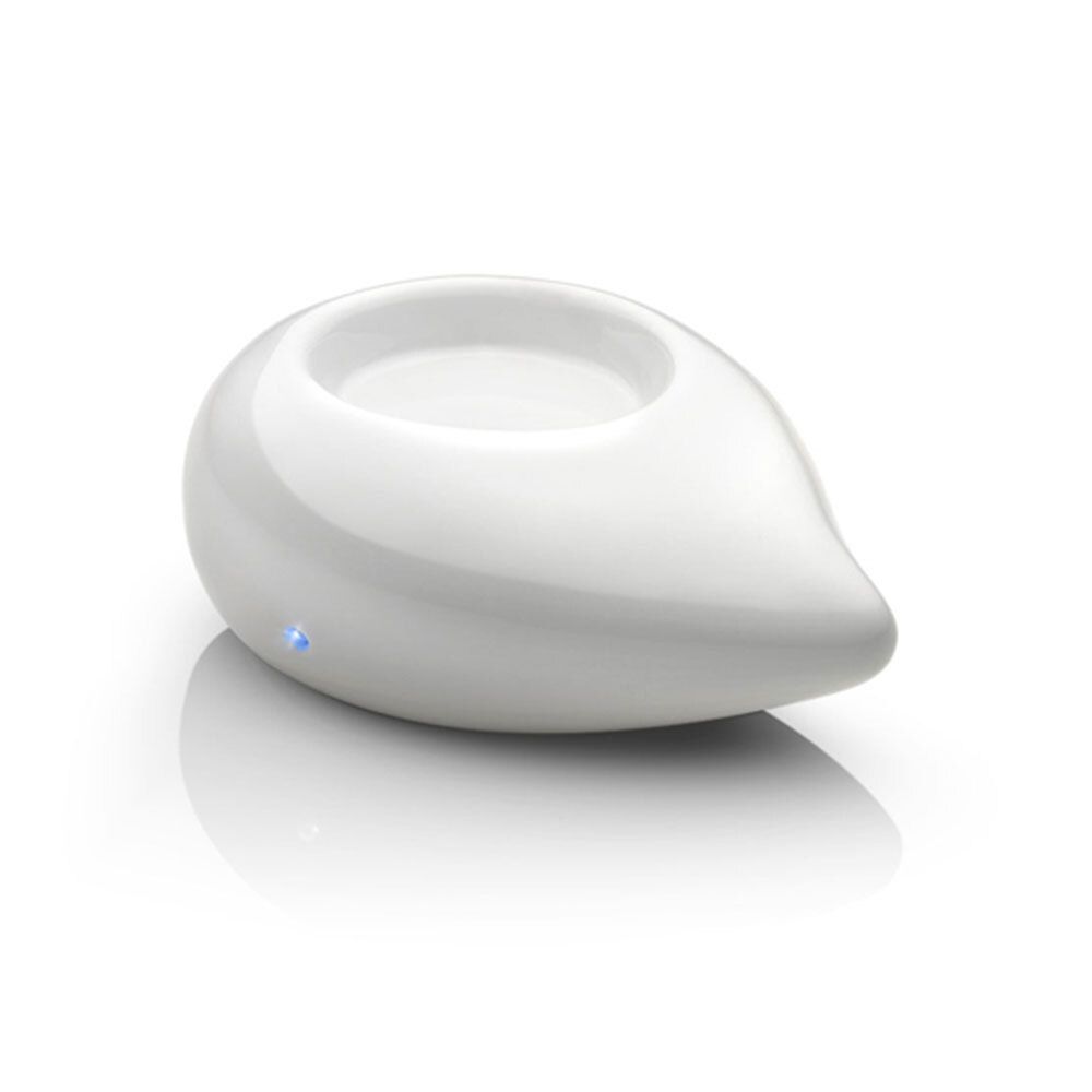 Diffuseur blanc pour huiles essentielles. Forme goutte d'eau avec cuvette. Indicateur LED bleu.