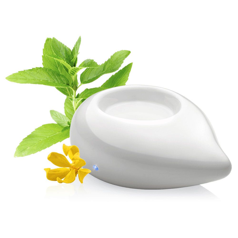 Diffuseur blanc pour huiles essentielles avec menthe et fleur jaune. Forme goutte d'eau avec cuvette.