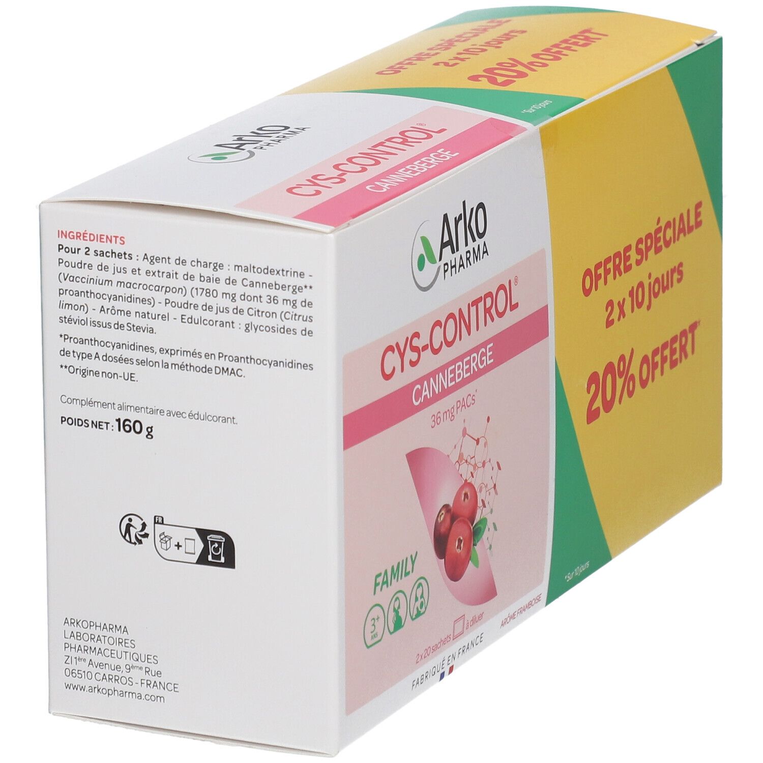 Boîte CYS-CONTROL®. Arrière avec liste des ingrédients et informations produit. Poids net 160g.