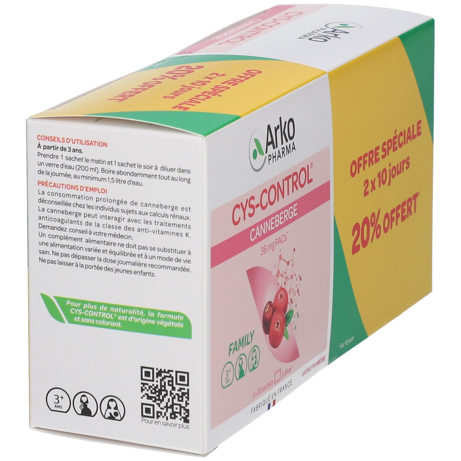 Boîte CYS-CONTROL®. Côté avec conseils d'utilisation et précautions. Convient aux enfants de 3 ans et plus.