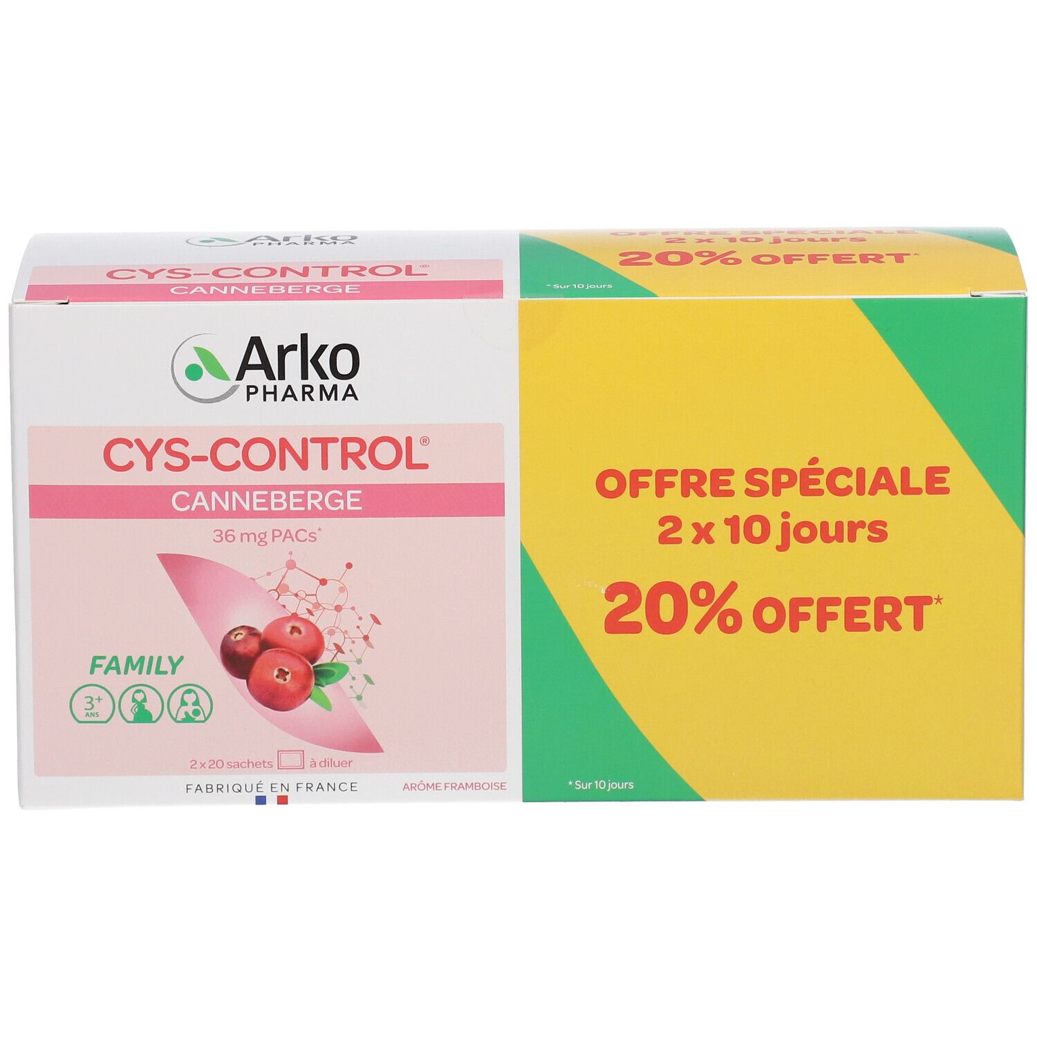Boîte CYS-CONTROL®. Face avant avec nom du produit, canneberges et offre 20% de réduction.