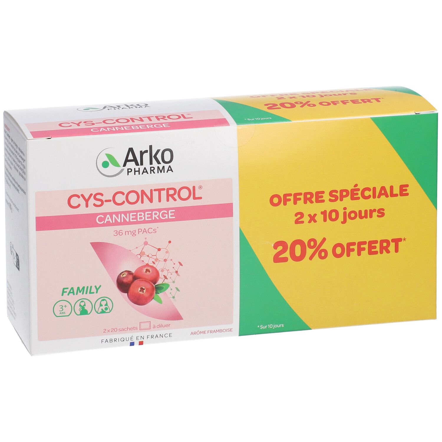 Boîte CYS-CONTROL®. Face avant avec nom du produit, canneberges et offre 20% de réduction.
