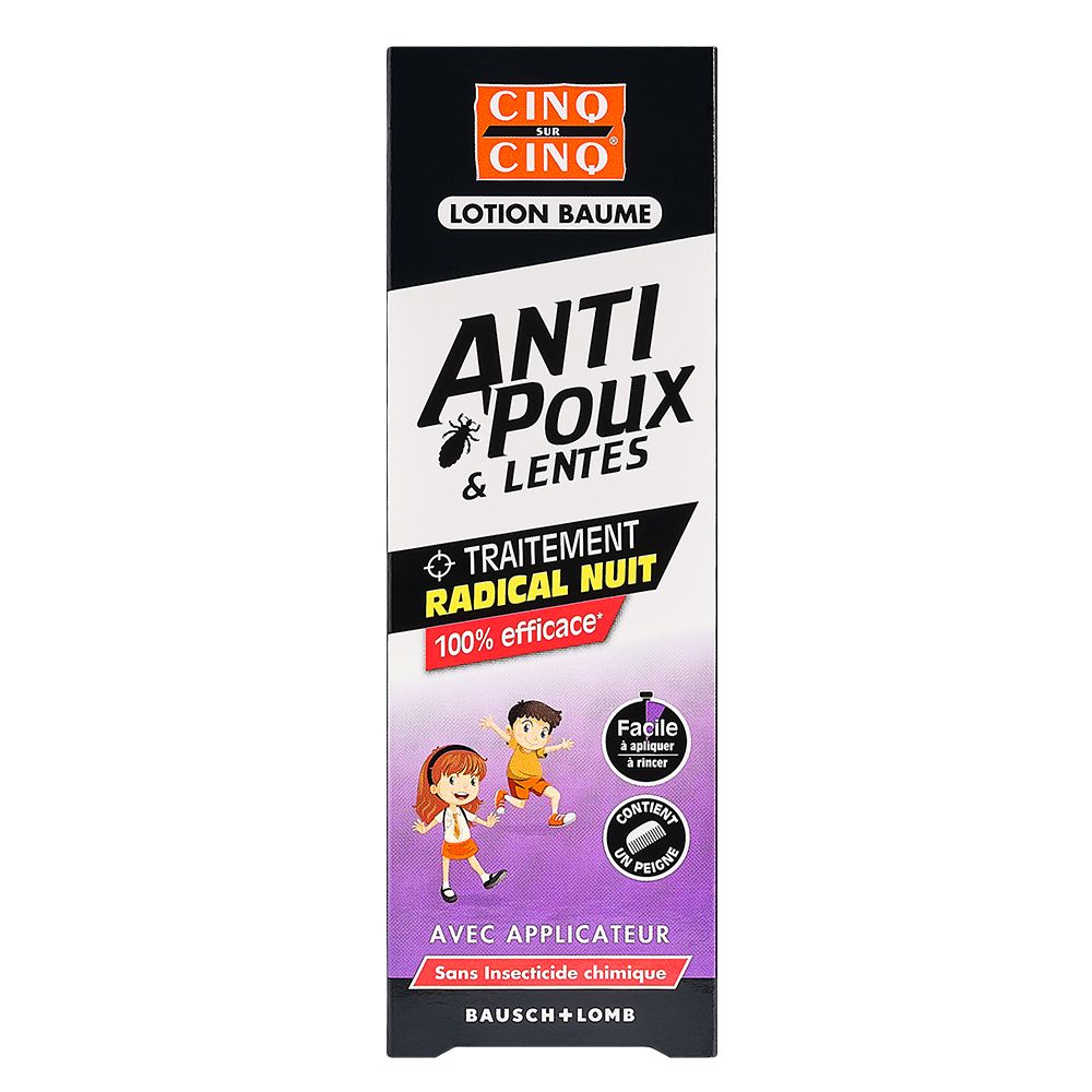 Emballage Cinq sur Cinq Lotion Anti-Poux et Lentes. Illustre des enfants et des poux.
