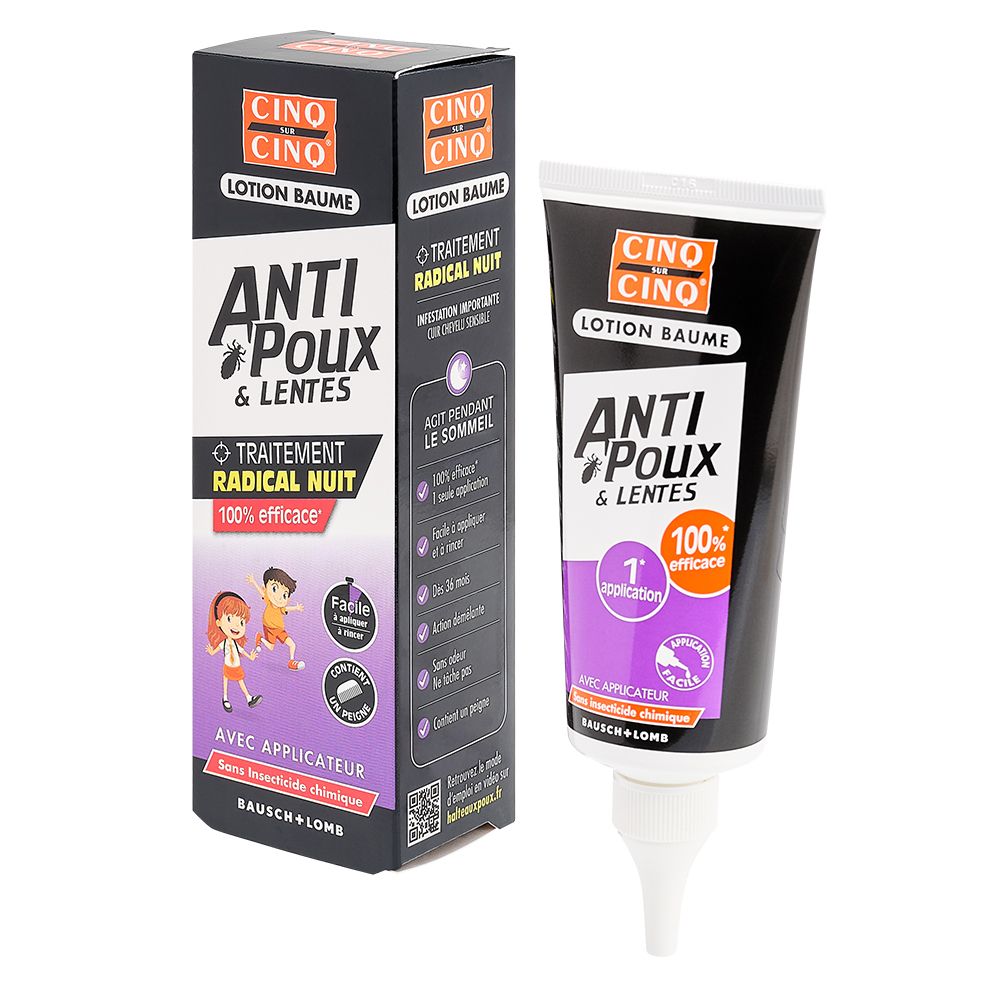 Emballage et tube Cinq sur Cinq Lotion Anti-Poux et Lentes. Avec applicateur et illustration d'enfants.