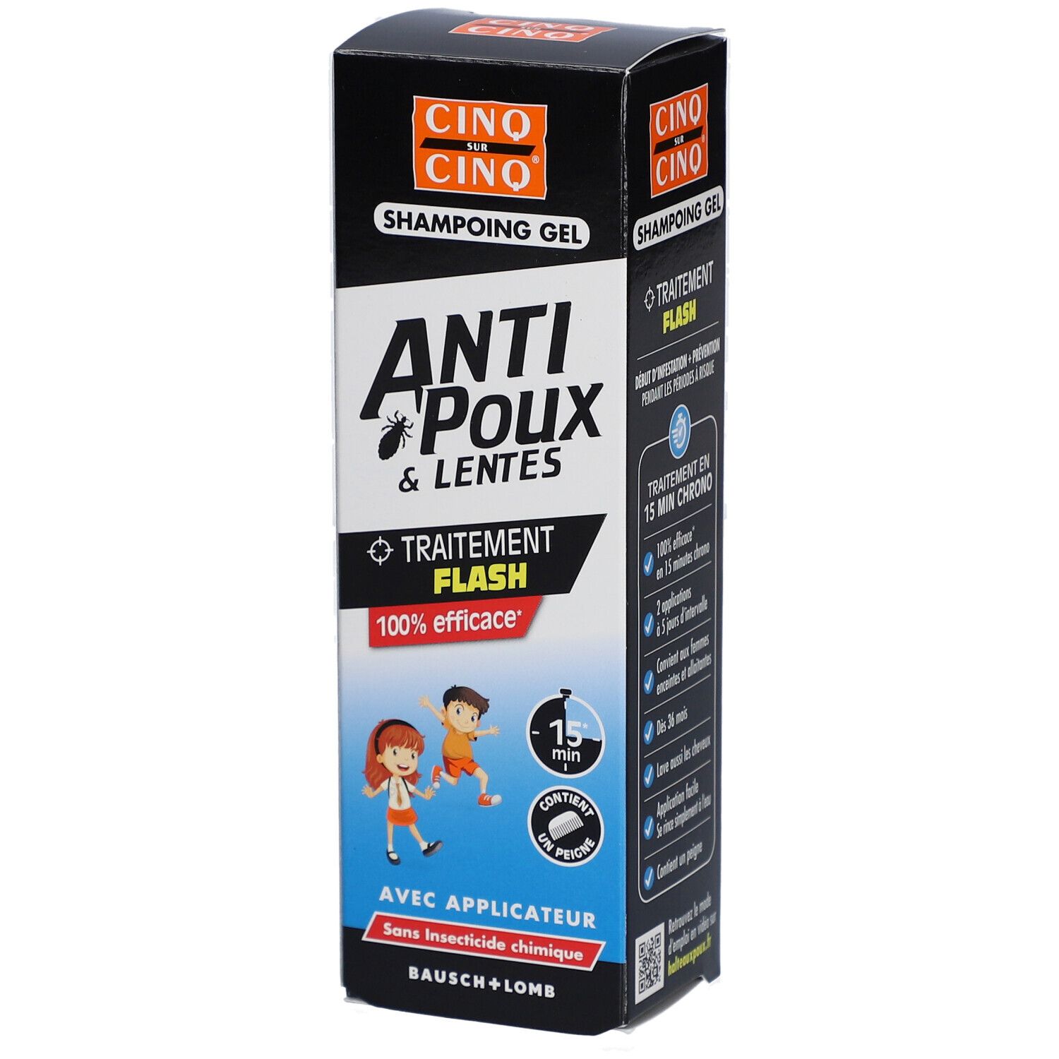 Emballage produit. Texte: Anti-poux & lentes, Traitement Flash, 100% efficace. Avec applicateur. Bausch + Lomb. Informations produit.