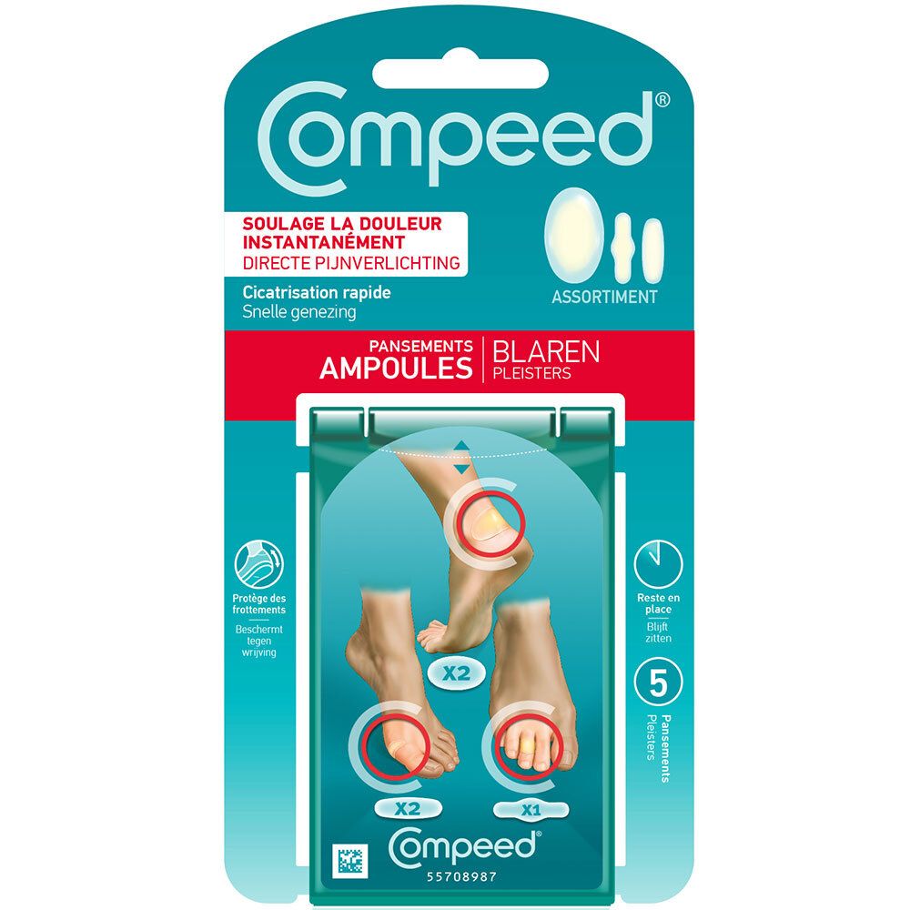 Emballage de Compeed ampoules assortiment. Contient des pansements pour ampoules. Présentation avec illustration du produit et exemples d'utilisation.