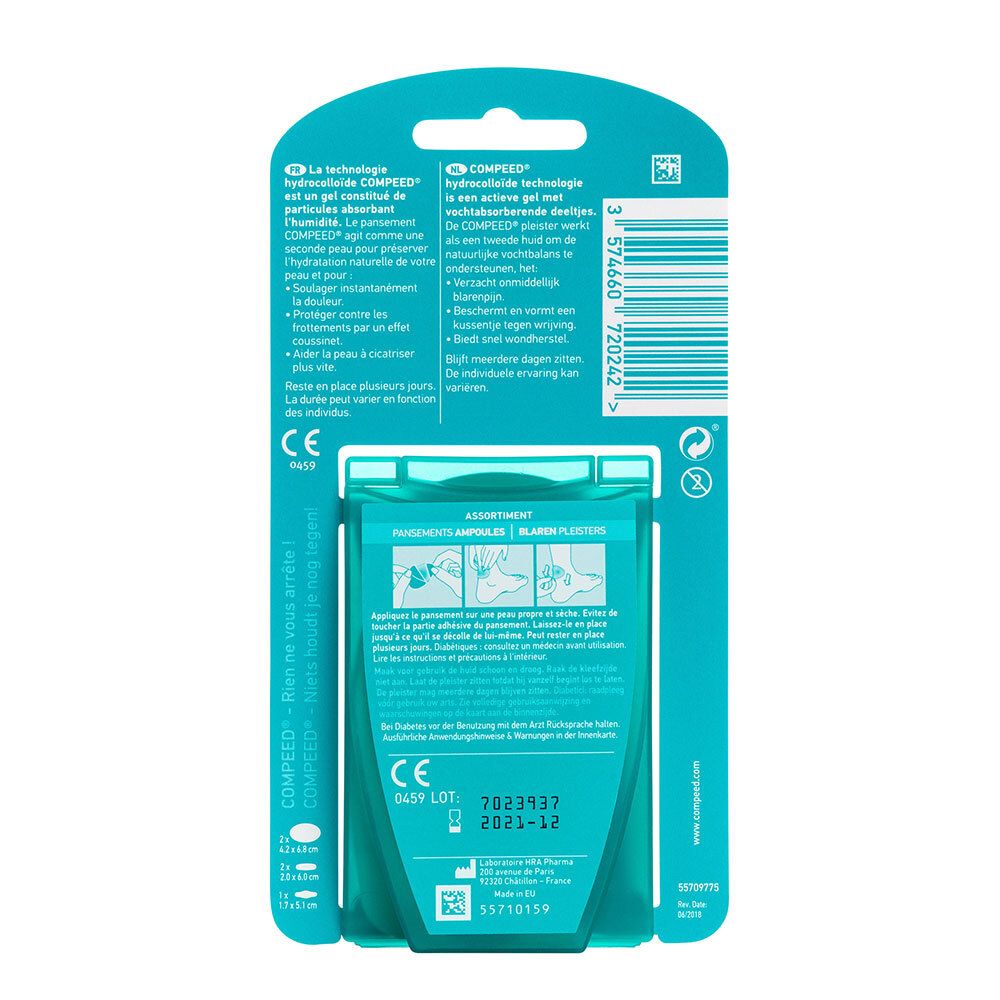 Dos de l'emballage avec informations sur le produit et mode d'emploi. Contient des informations sur la technologie hydrocolloïde.