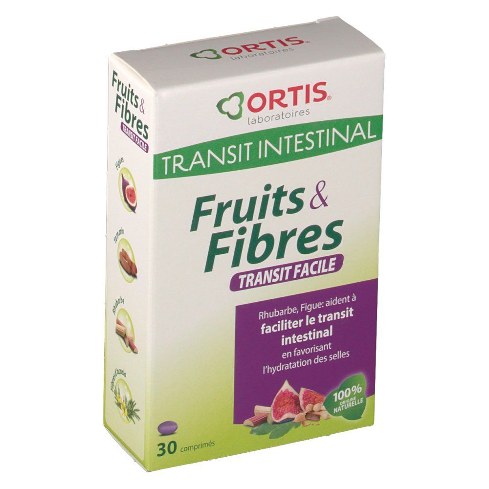 Boîte Ortis Fruits & Fibres. Inscription: Transit Intestinal, Fruits & Fibres, Transit Facile. 30 comprimés. 100% naturel.