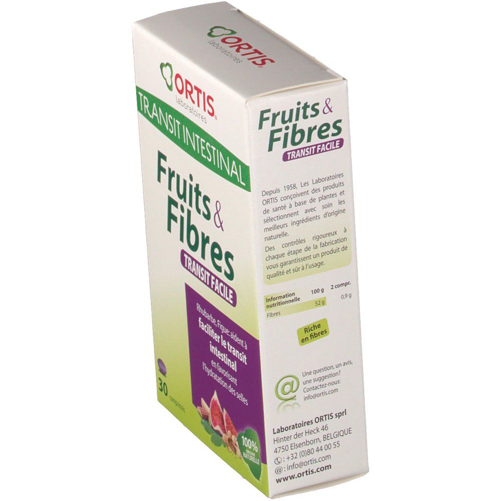 Boîte Ortis Fruits & Fibres. Inscription: Transit Intestinal, Fruits & Fibres, Transit Facile. Informations sur les fibres. 100% naturel.