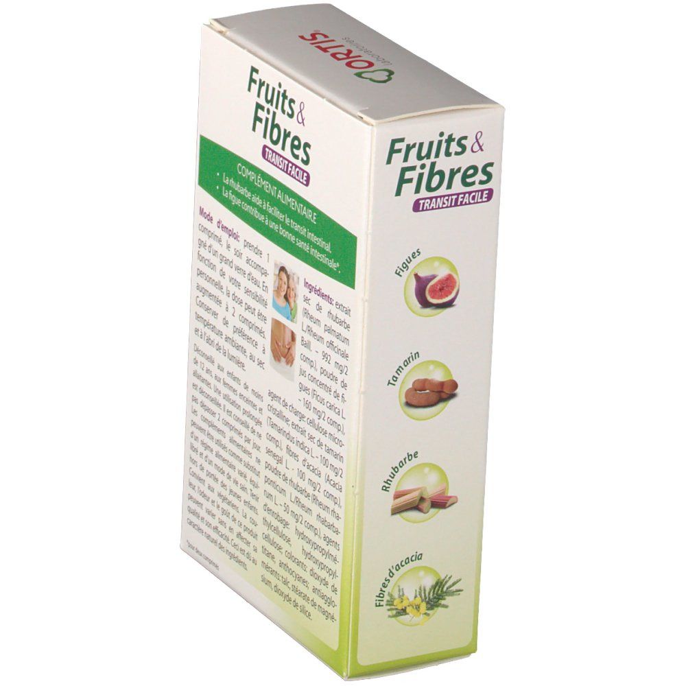 Côté de la boîte Ortis Fruits & Fibres. Inscription: Fruits & Fibres, Transit Facile. Illustration de figues, tamarin et rhubarbe. 100% naturel.
