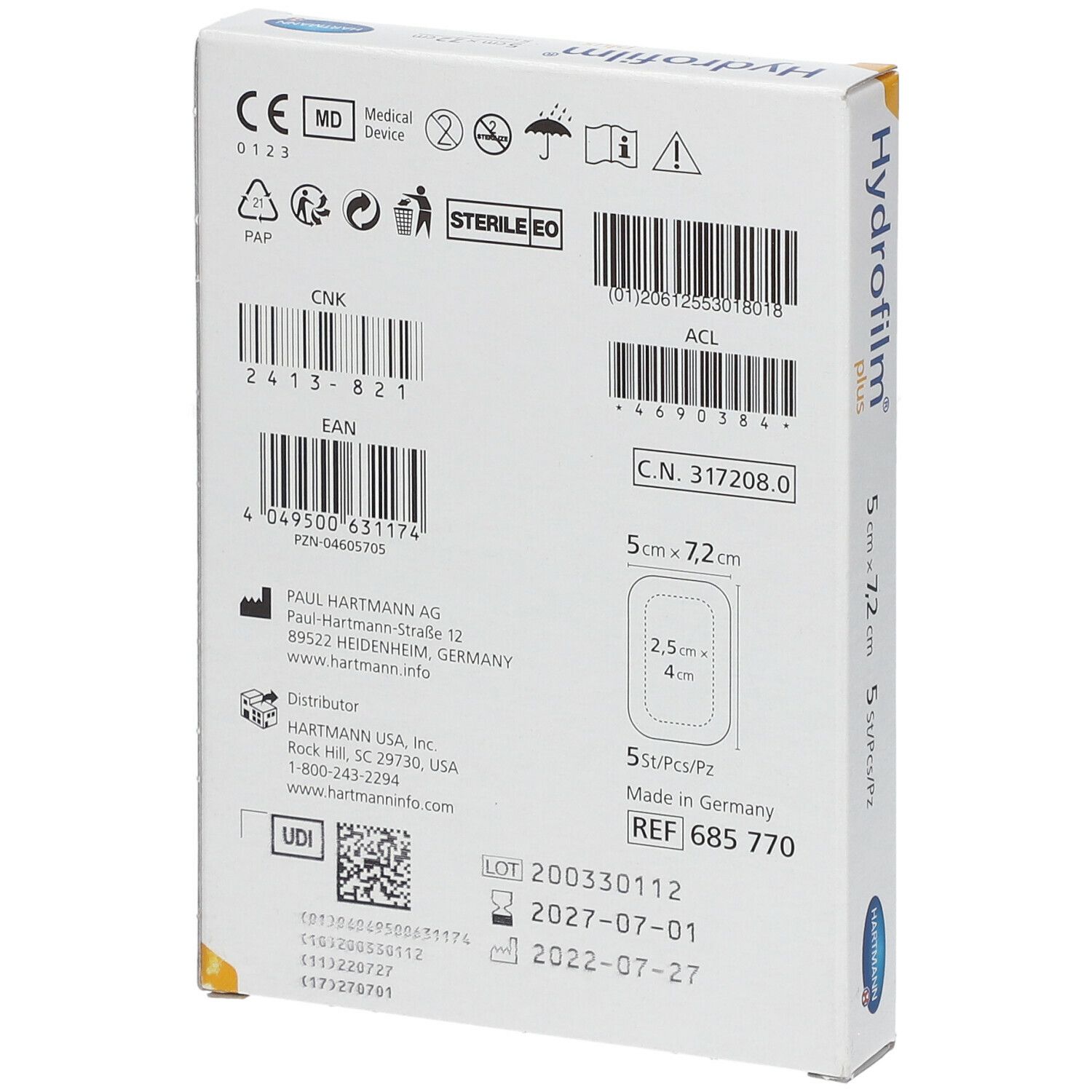 Hartmann hydrofilm® plus Pansement absorbant, autoadhésif 4 côtés, stérile 5 cm x 7,5 cm