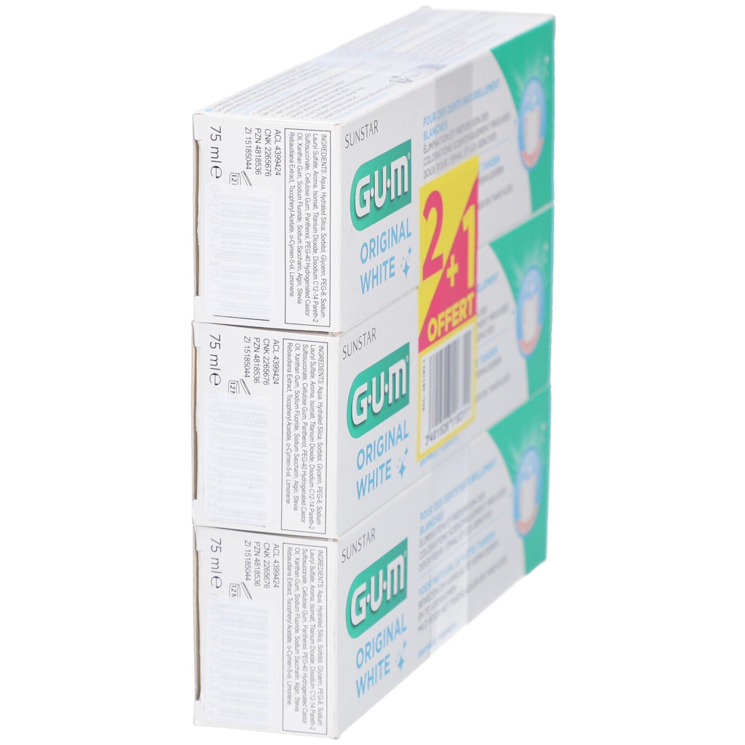 Trois boîtes de dentifrice GUM Original White, vue latérale. Emballage vert et blanc avec nom et logo du produit.
