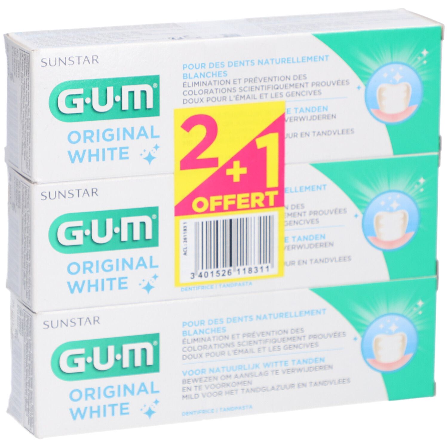Trois boîtes de dentifrice GUM Original White. Emballage vert et blanc avec nom et logo du produit. Offre 2+1.