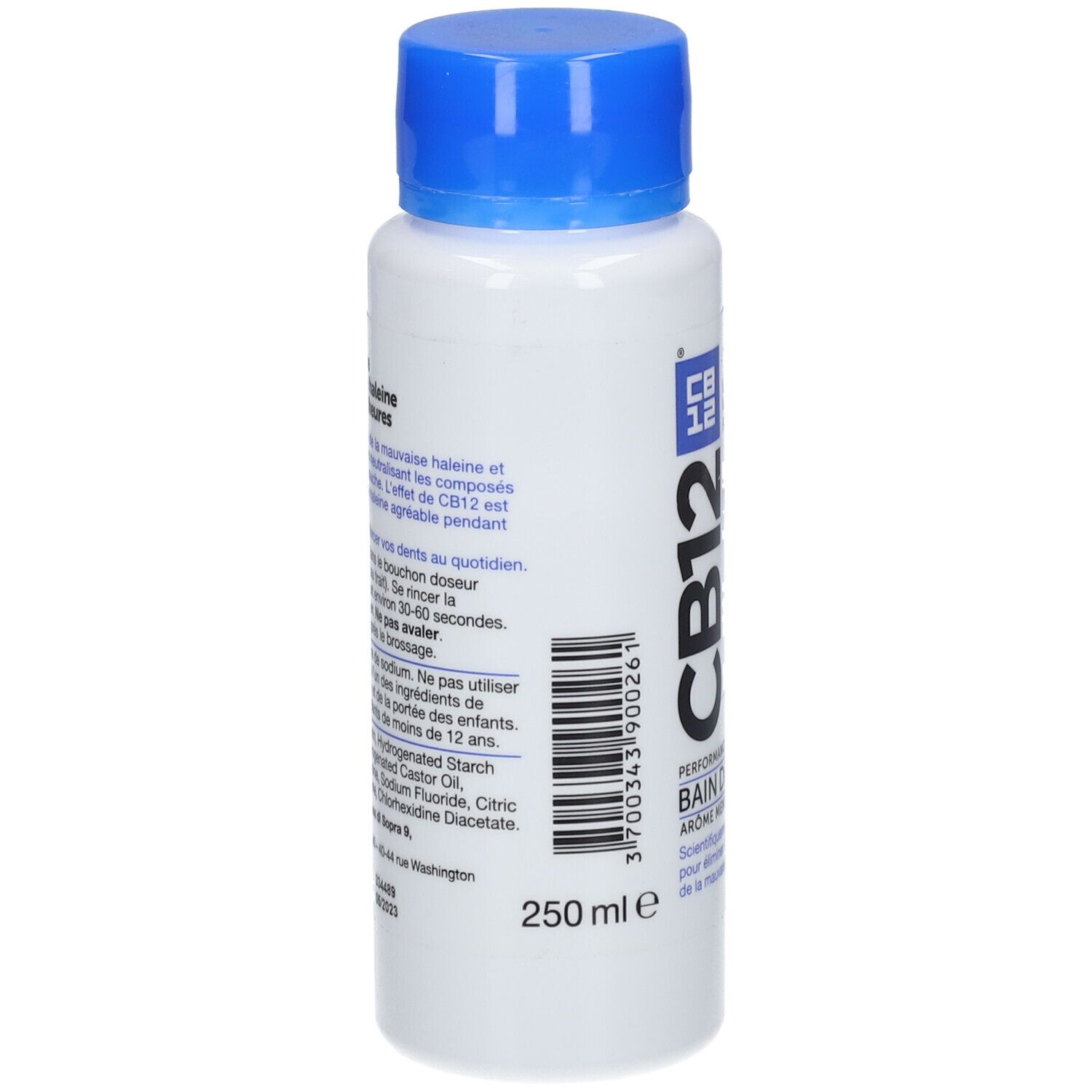 Bouteille de bain de bouche CB12, 250 ml, avec bouchon bleu. Contient des informations sur les ingrédients et l'utilisation.