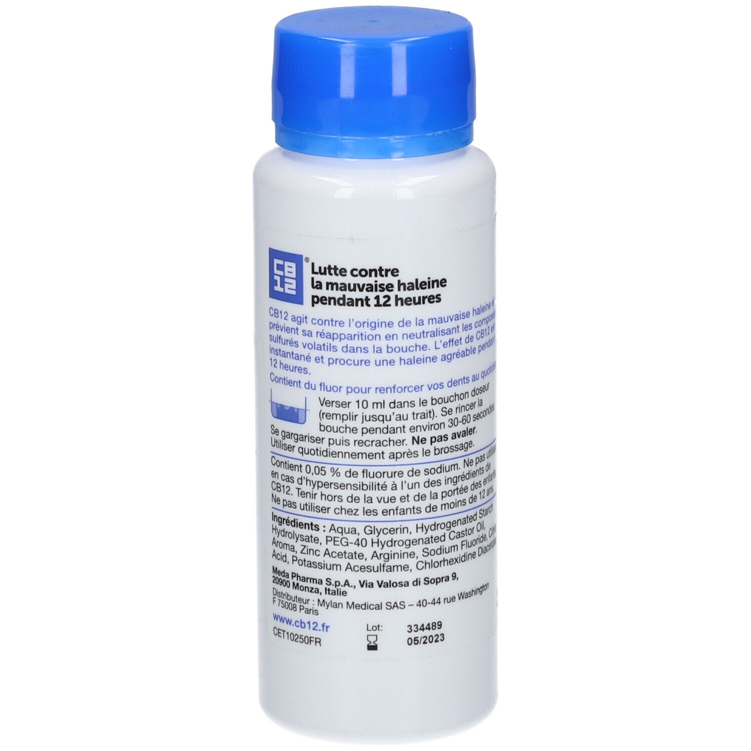 Arrière de la bouteille de bain de bouche CB12, 250 ml. Montre les ingrédients, les instructions d'utilisation et la date de péremption.