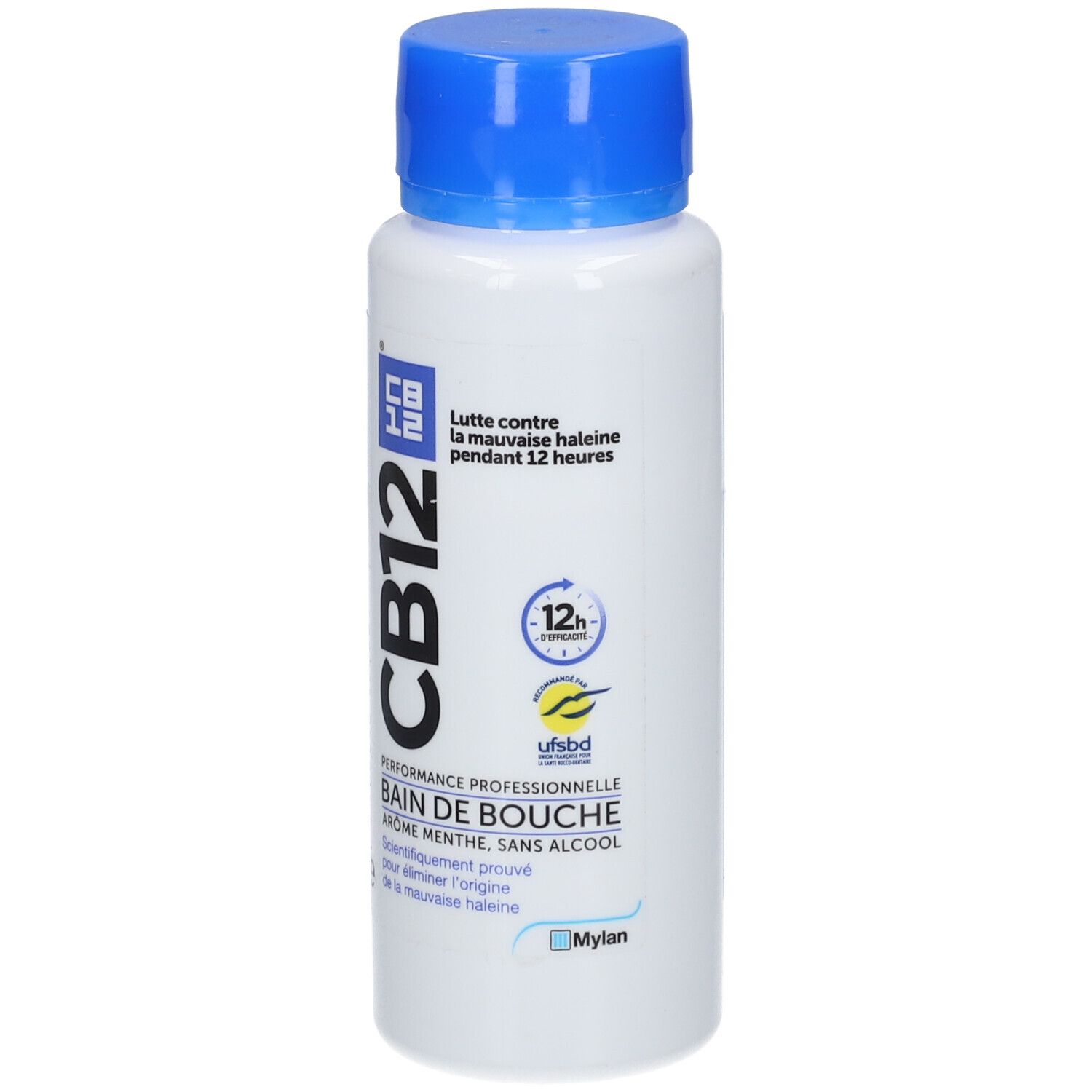 Bouteille de bain de bouche CB12 avec bouchon bleu. Affiche le logo, l'effet 12 heures et "Performance Professionnelle".