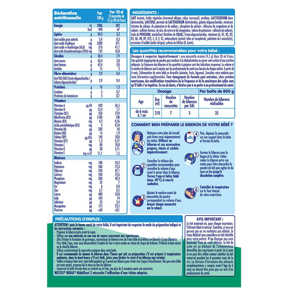 Tableau nutritionnel et instructions de préparation pour Nestlé Nidal 2. Informations en français.