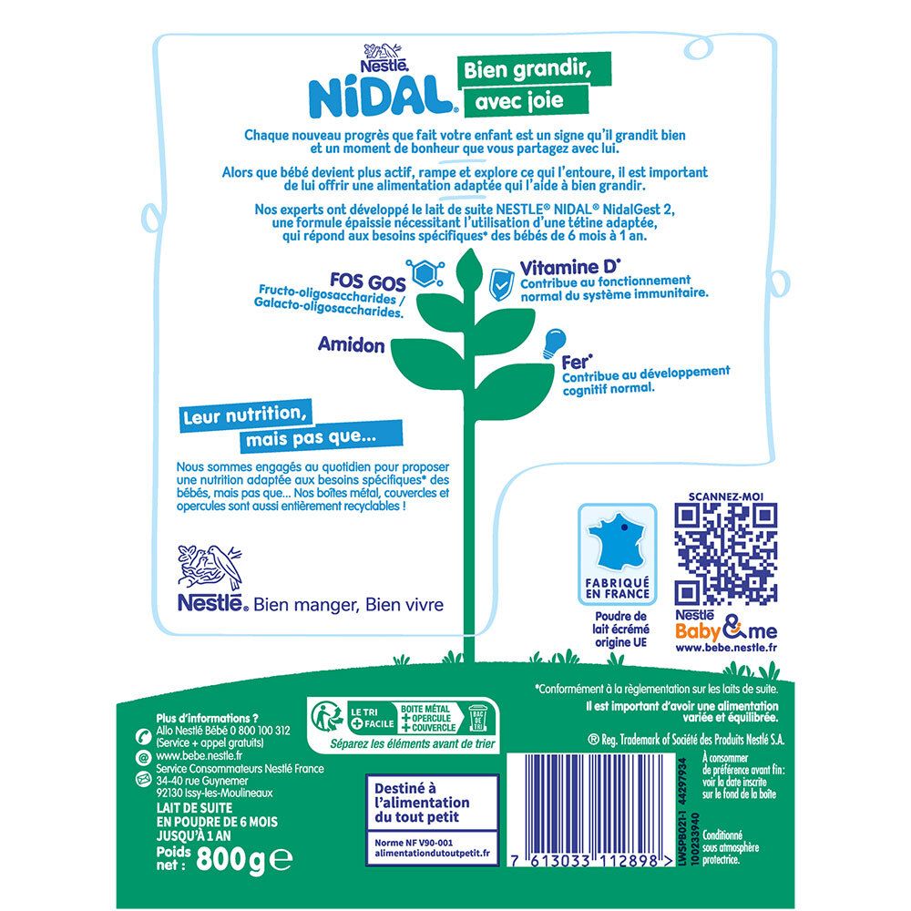 Dos de l'emballage Nestlé Nidal 2. Informations sur les ingrédients et les valeurs nutritionnelles. Textes en français.