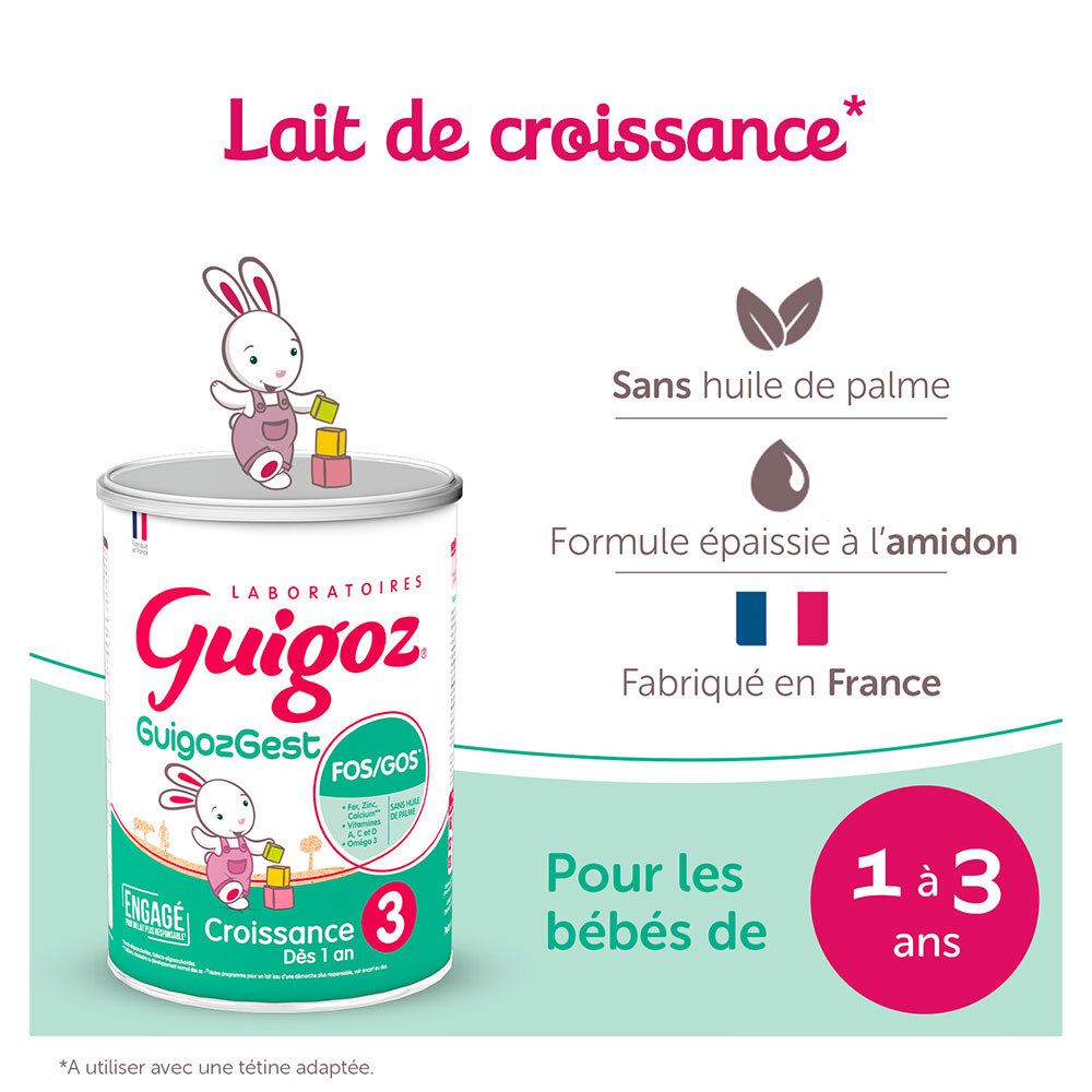 Boîte de lait Guigoz 3 Croissance avec informations. Contient FOS/GOS. Fabriqué en France. Pour bébés de 1 à 3 ans.