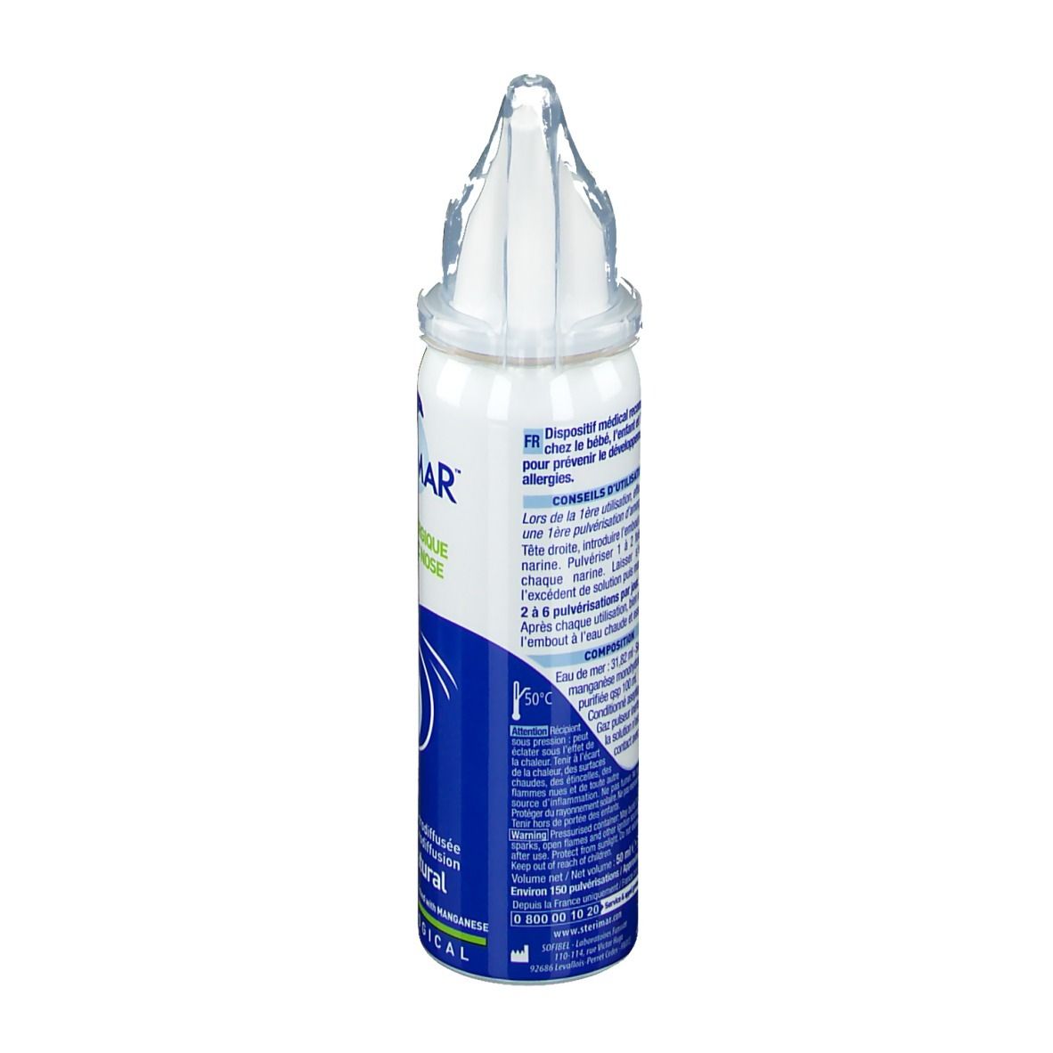 Dos du flacon de spray nasal. Informations textuelles multilingues. Emballage blanc et bleu.