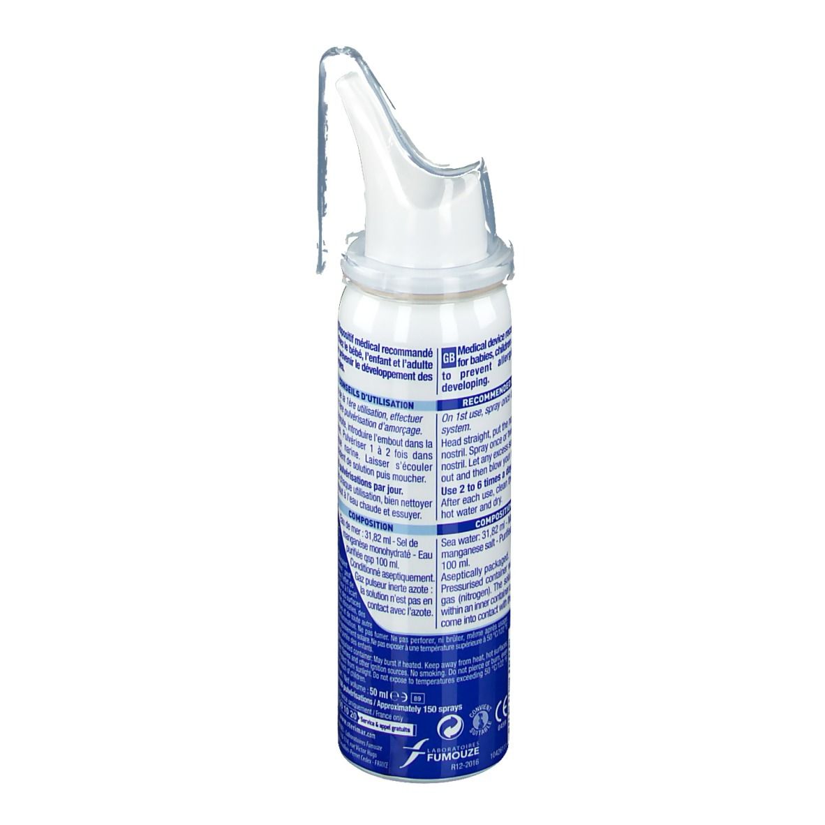 Dos du flacon de spray nasal. Informations textuelles multilingues. Emballage blanc et bleu.