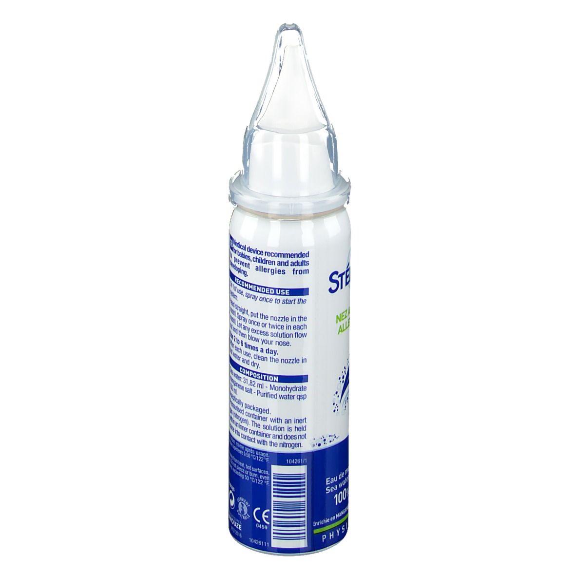 Dos du flacon de spray nasal. Informations textuelles multilingues. Emballage blanc et bleu.