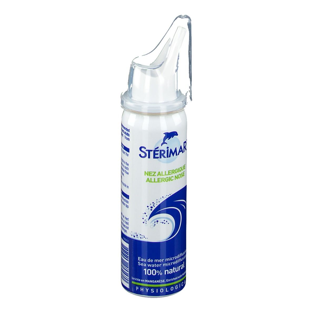 Flacon de spray nasal avec embout. Emballage blanc et bleu avec nom et logo du produit. 100% naturel.