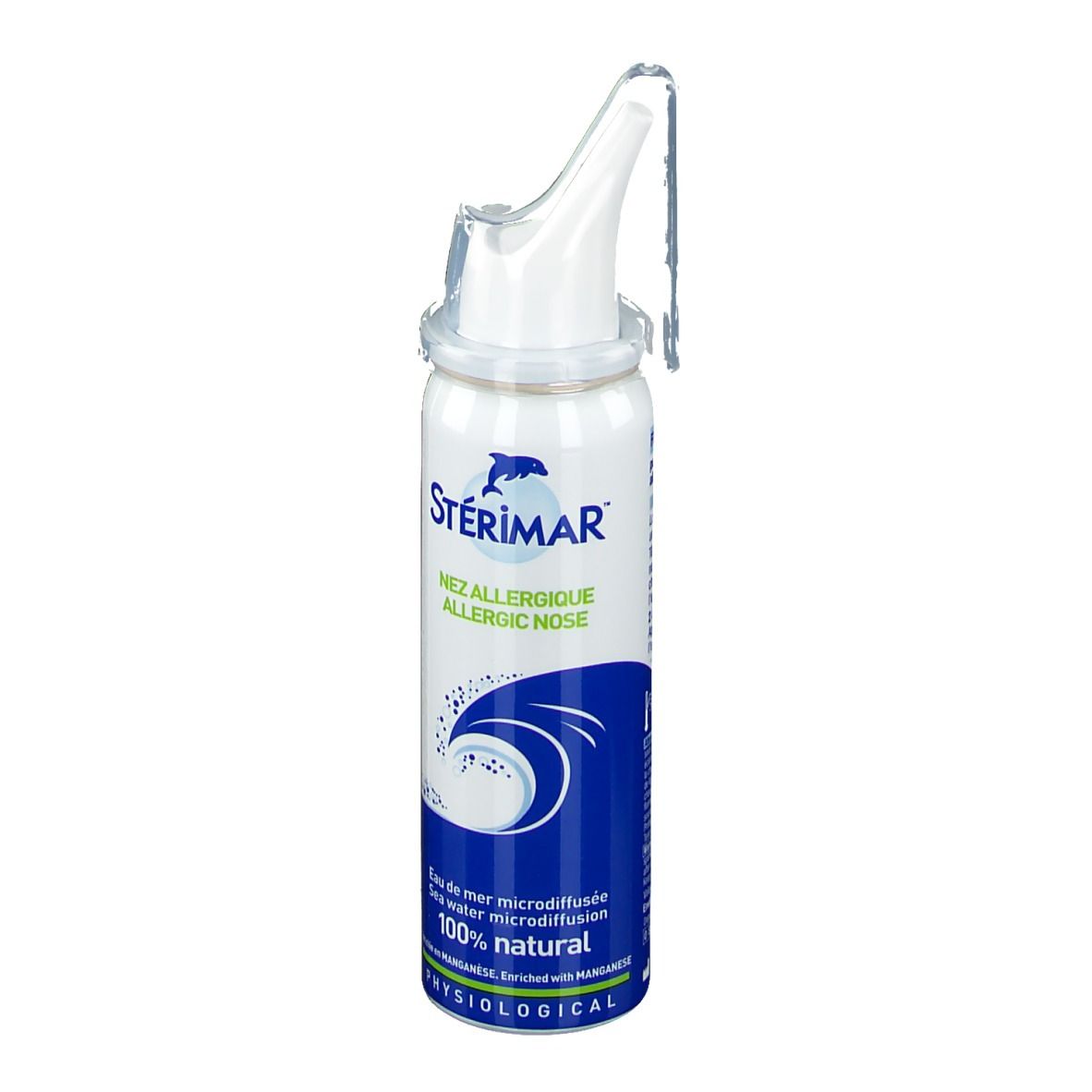 Flacon de spray nasal avec embout. Emballage blanc et bleu avec nom et logo du produit. 100% naturel.