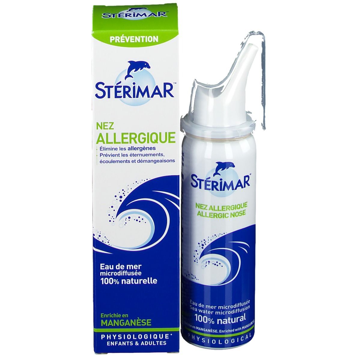 Flacon de spray nasal et emballage. Emballage blanc et bleu avec nom et logo du produit. 100% naturel.