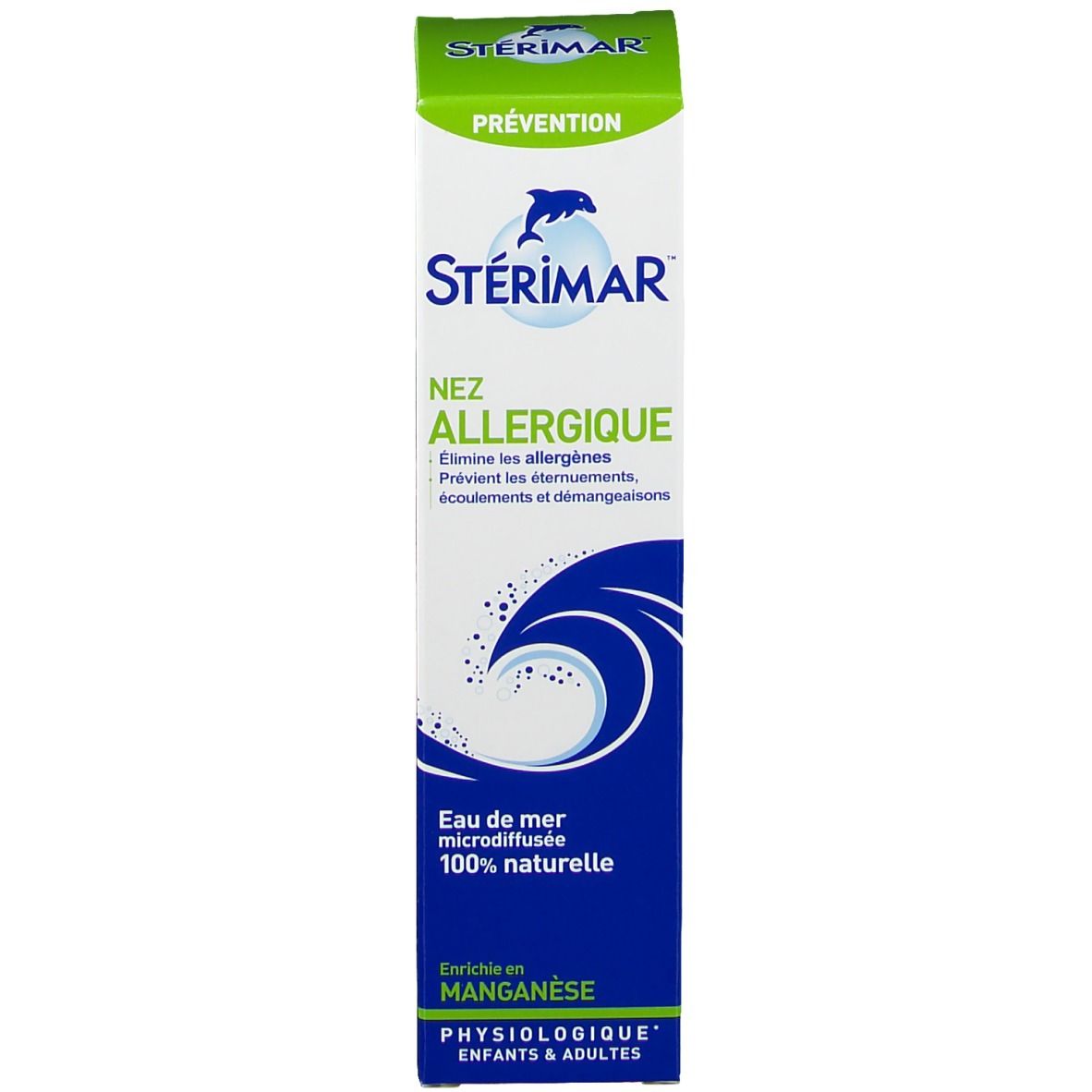 Emballage du spray nasal. Emballage blanc et bleu avec nom et logo du produit. 100% naturel.