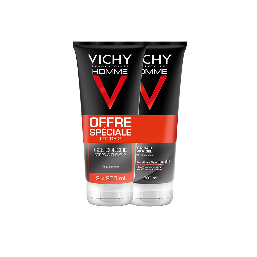 Deux tubes de gel douche. Tubes noirs avec V rouge et bouchon blanc. Inscription: Vichy Homme, Offre Spéciale, Gel Douche Corps & Cheveux.