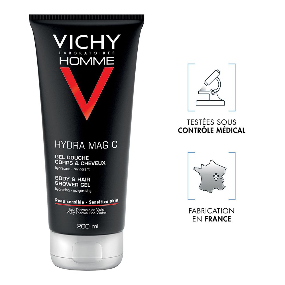 Tube noir Hydra Mag C. V rouge et bouchon blanc. Inscription: Vichy Homme, Hydra Mag C, Gel Douche Corps & Cheveux. Avec certifications.