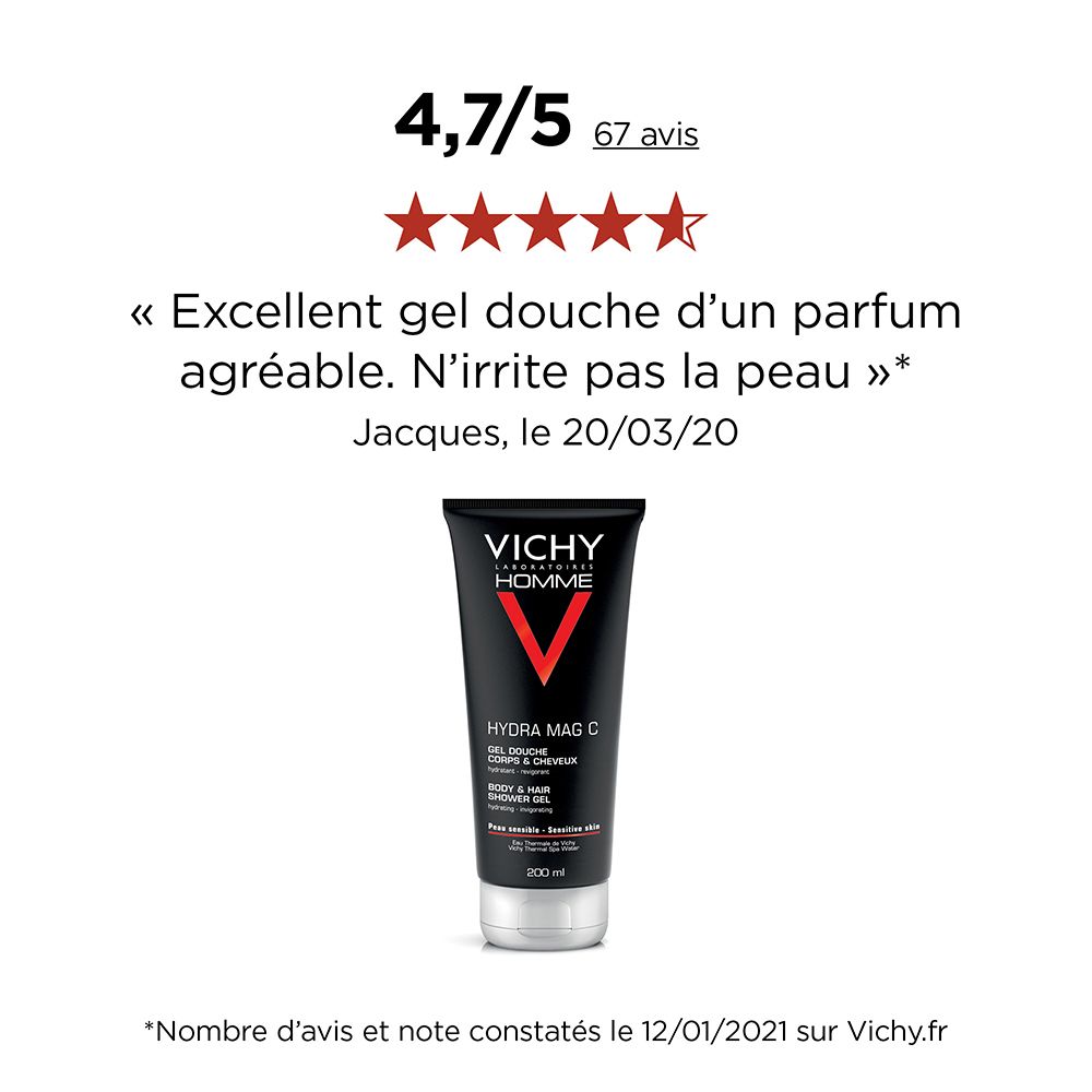 Tube Hydra Mag C avec évaluation. Tube noir avec V rouge et bouchon blanc. Inscription: Vichy Homme, Hydra Mag C, Gel Douche.
