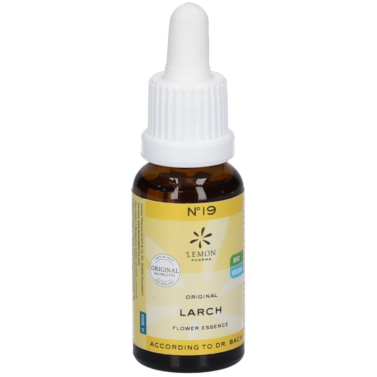 Flacon en verre brun avec bouchon blanc. Inscription : N°19, Lemon Pharma, Larch, Flower Essence. Avec labels Bio et Vegan.