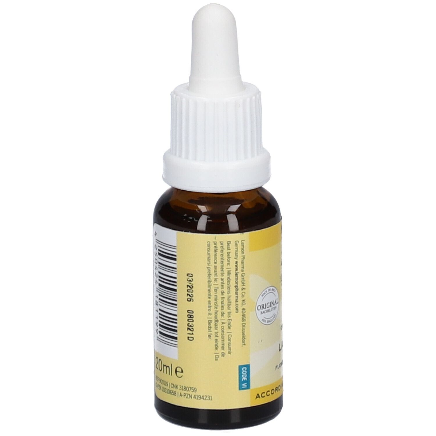 Flacon en verre brun avec bouchon blanc. Inscription : 20ml. Avec étiquette d'informations et code-barres. Original Dr. Bach.