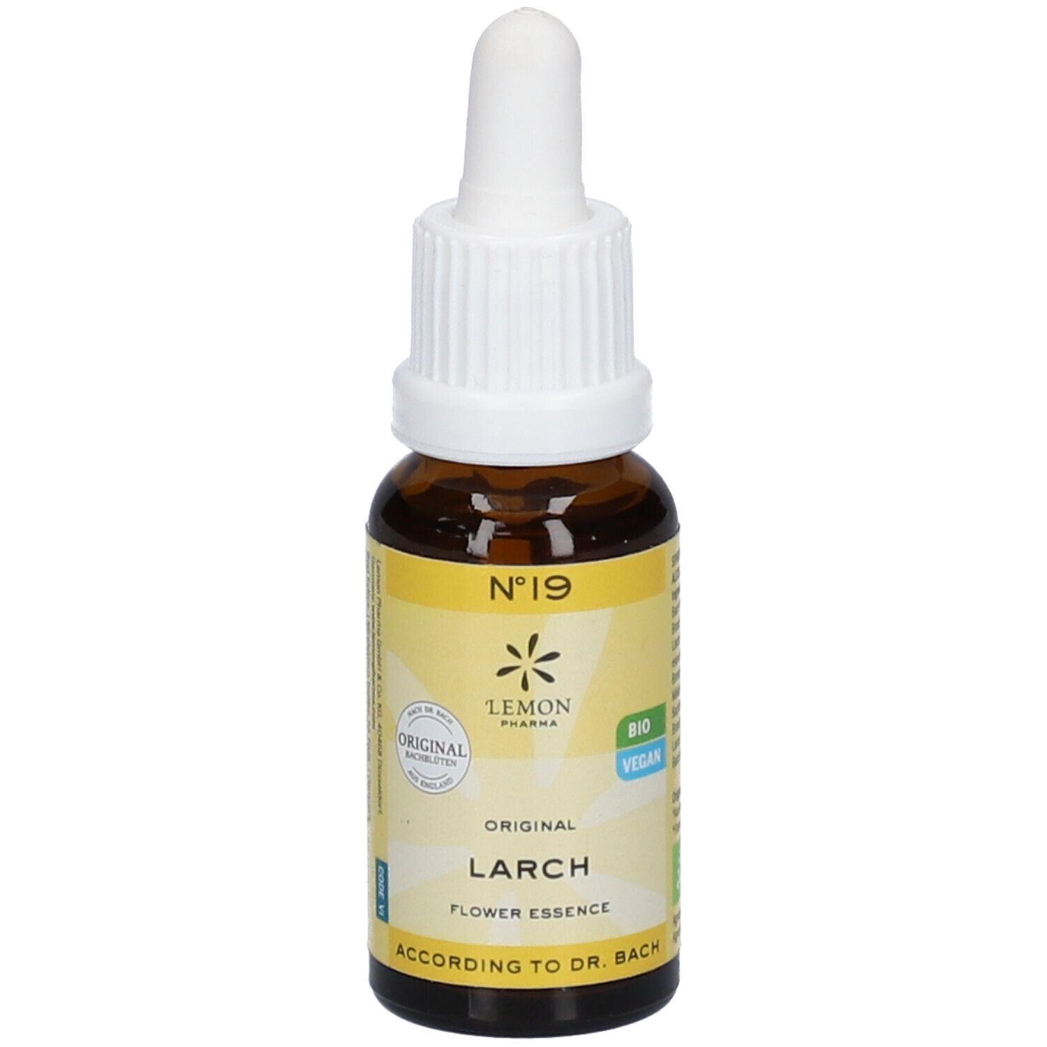 Flacon en verre brun avec bouchon blanc. Inscription : N°19, Lemon Pharma, Larch, Flower Essence. Avec labels Bio et Vegan.