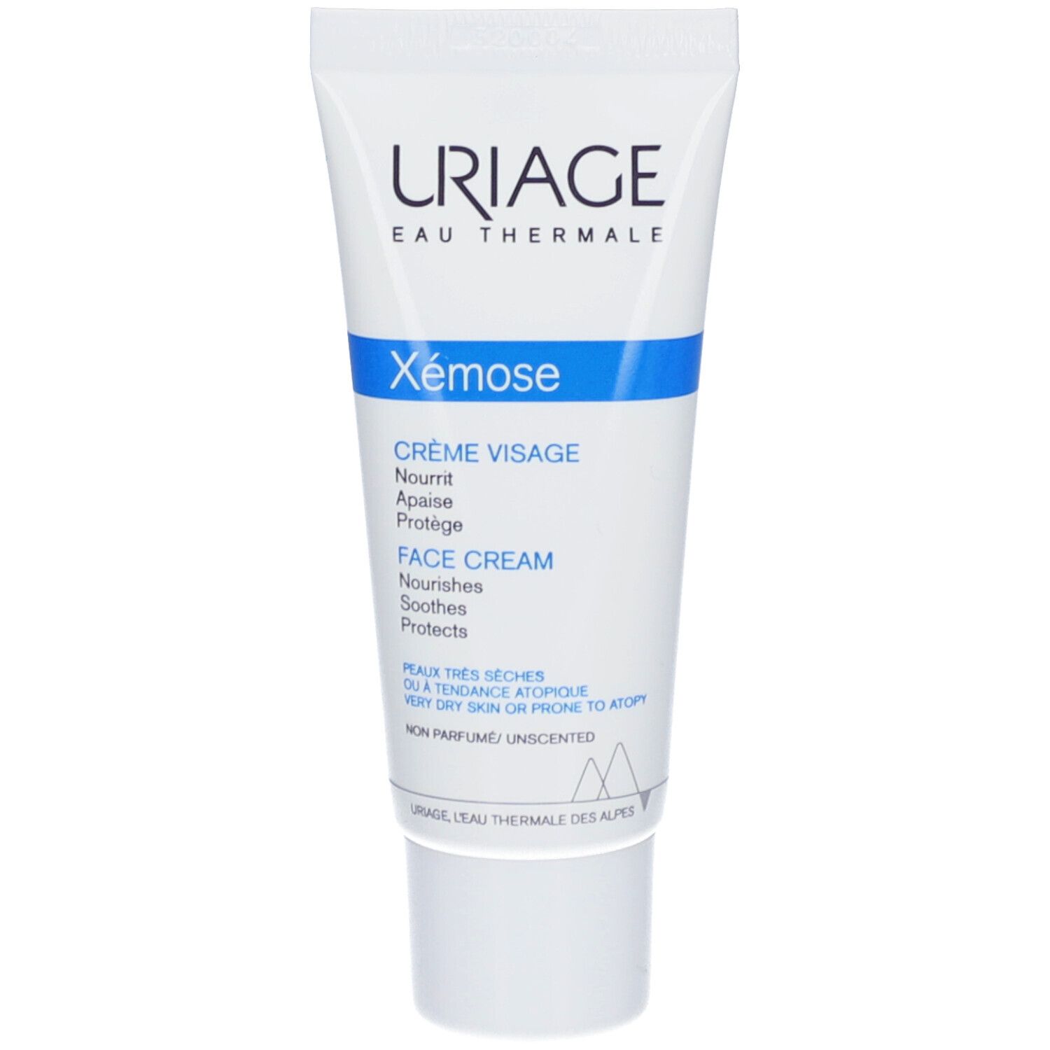 Tube blanc Uriage Xémose Crème Visage. Bande bleue avec nom du produit. Texte: Face Cream, pour peaux très sèches.