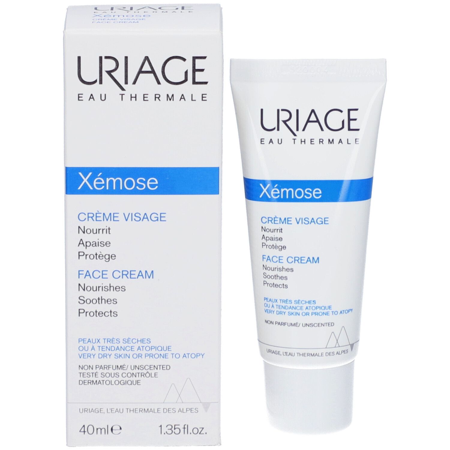 Uriage Xémose Crème Visage et emballage. Emballage blanc avec bande bleue et nom du produit. Texte: Face Cream.
