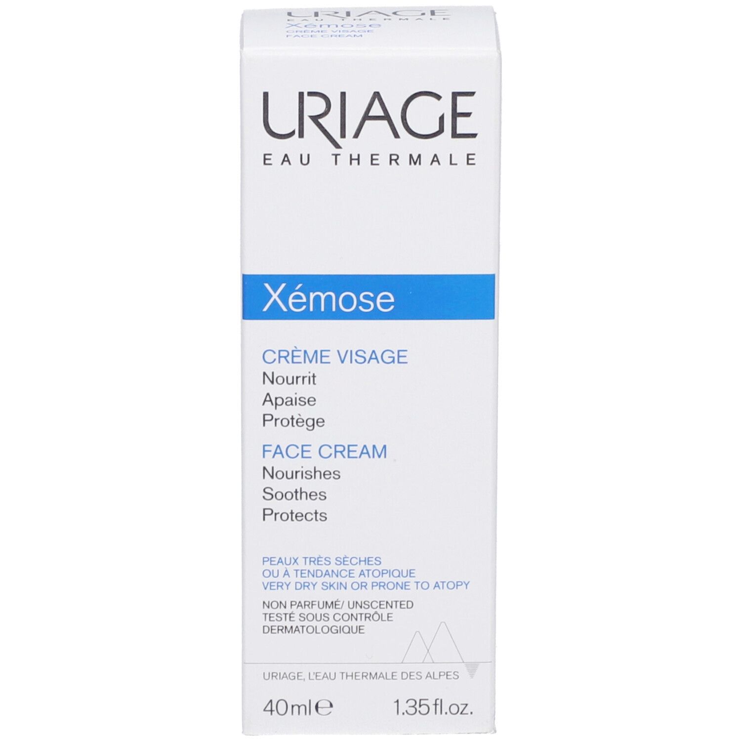 Emballage blanc avec Uriage et Xémose. Bande bleue. Texte: Crème Visage, Face Cream, pour peaux très sèches.