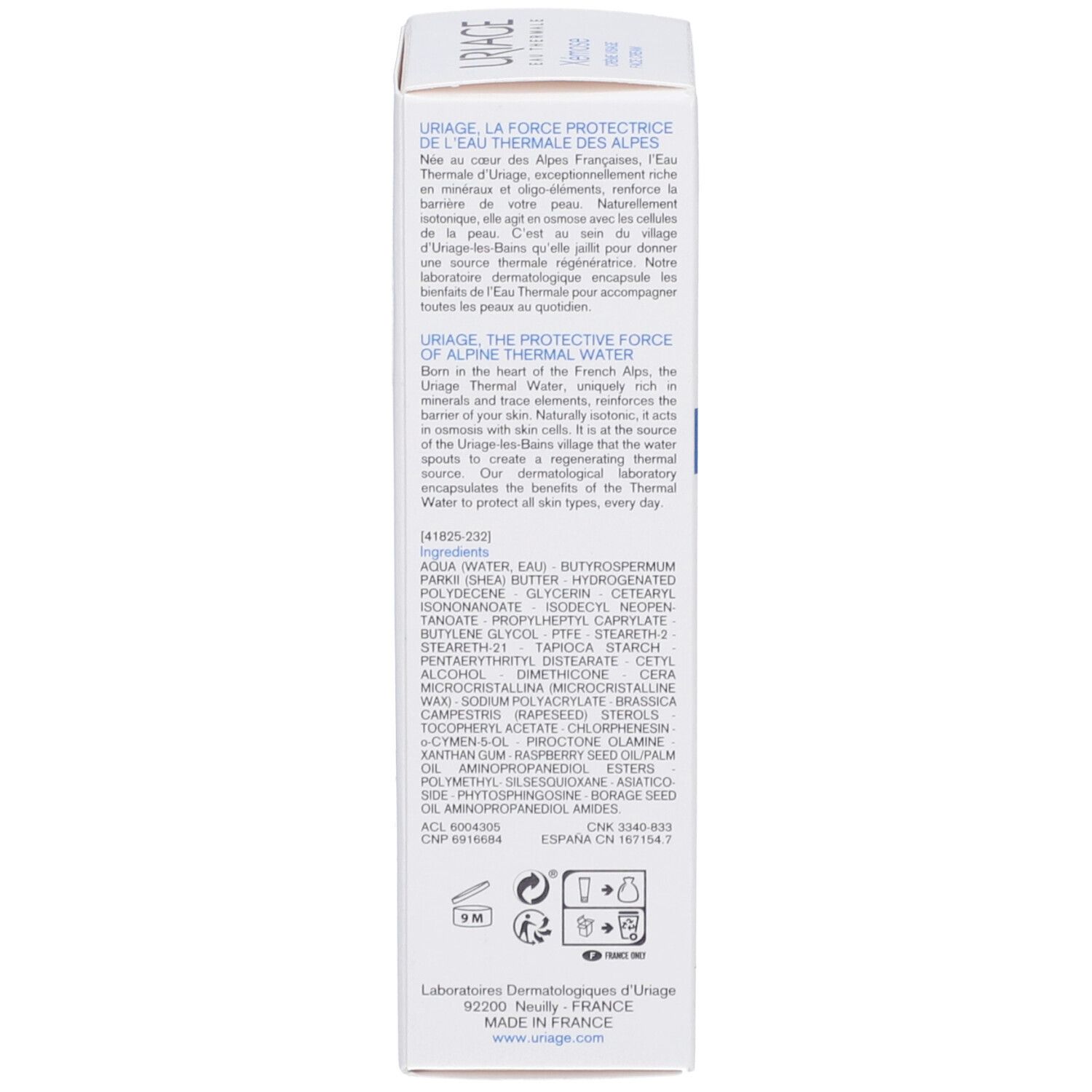 Dos de l'emballage. Texte sur l'eau thermale Uriage et les ingrédients. Plusieurs langues.