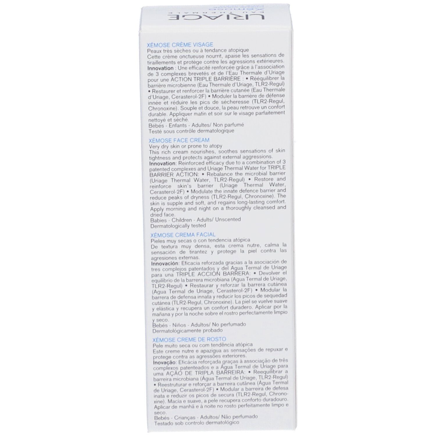 Dos de l'emballage. Texte sur Xémose Crème Visage en plusieurs langues. Testé dermatologiquement.