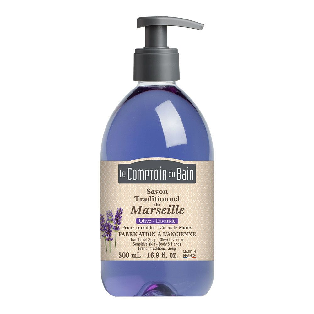 Flacon de savon liquide Le Comptoir du Bain, Savon Traditionnel de Marseille, Olive Lavande. Avec pompe doseuse.