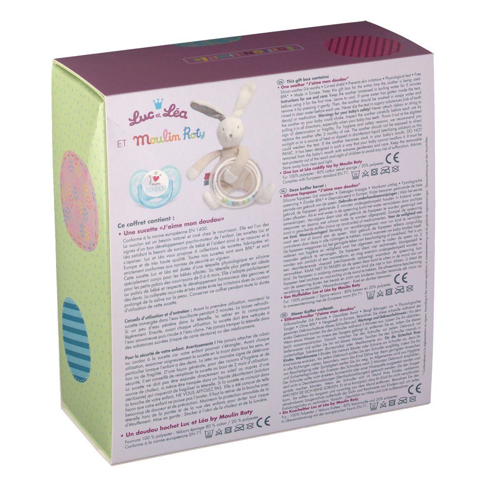 Luc et Léa Coffret Doudou Moulin Roty et sucette J'aime mon doudou 0-6 mois
