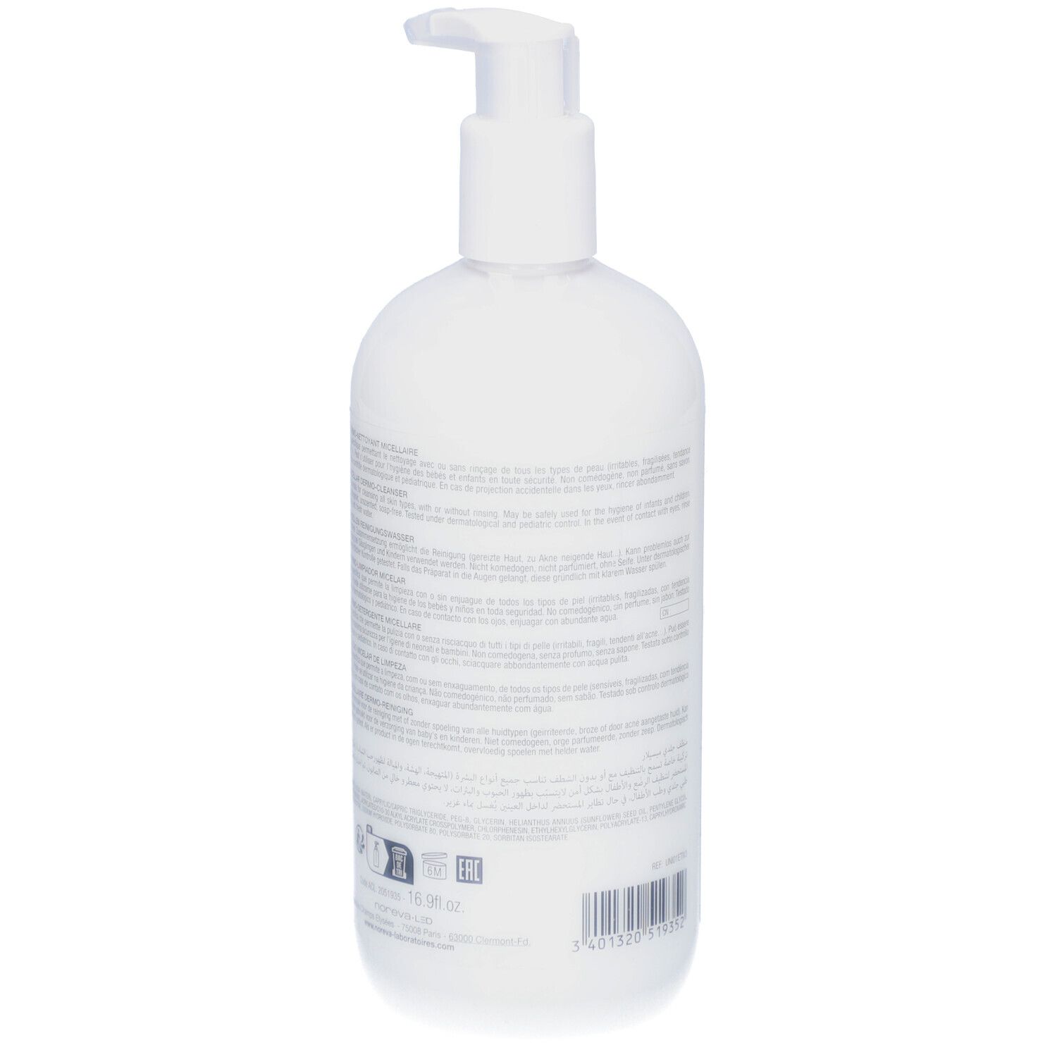 Flacon blanc avec pompe. Dos avec texte. Nom du produit non visible. Code-barres et autres informations.