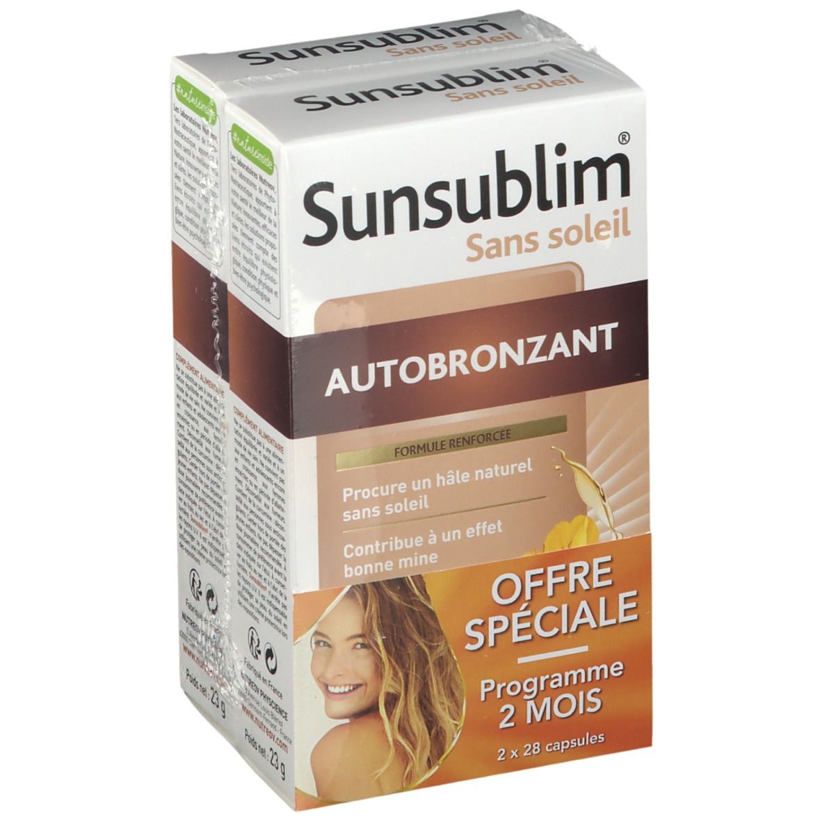 Boîte de Sunsublim Autobronzant. Contient 2x28 capsules. Inscription : "Sans soleil".